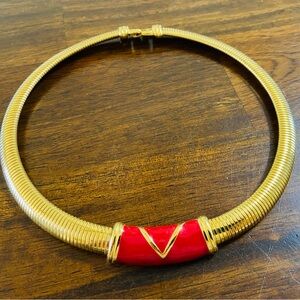 Vintage Monet Red Enamel Omega Collar Necklace 17"  Gold Tone 80s